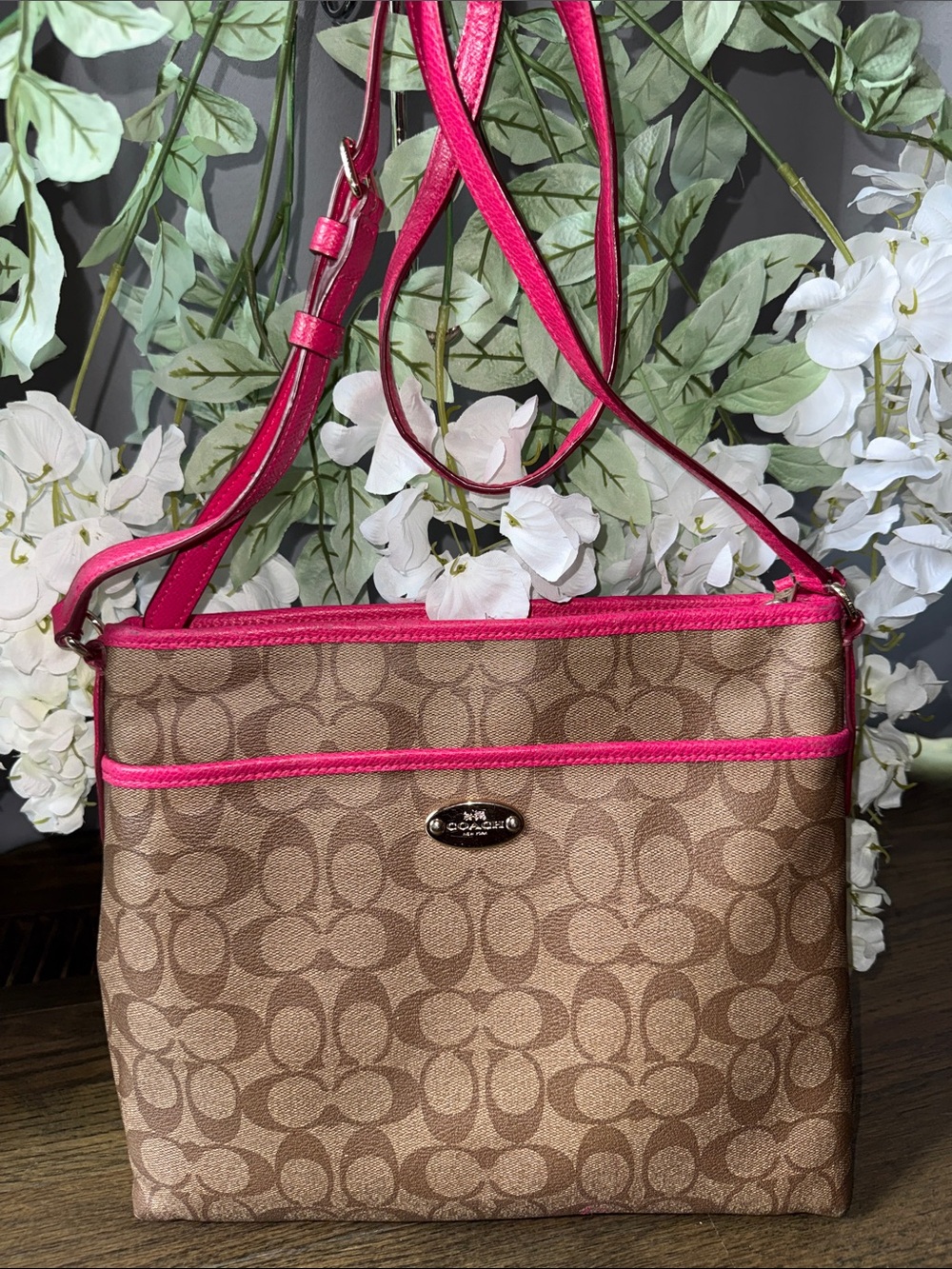 Coach Khaki Signature Crossbody with Hot Pink Trim